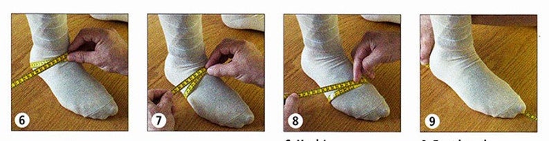 May include: A person's foot is measured with a yellow tape measure. The tape measure is wrapped around the ankle and the foot. The person is wearing white socks.