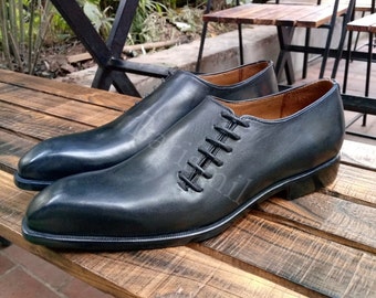 Men&#39;s Handmade Black Leather Whole Cut Oxford Shoes | Side Lace Oxfords | Formal Lace up Dress Shoes | Custom Made to Order Shoes.