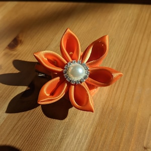 Kanzashi Orange Satin Flower with Pearl and Rhinestone Center handmade hair clip