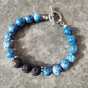 Natural Blue Semi-precious Howlite and lava bead bracelet for essential oils with easy to fasten toggle clasp