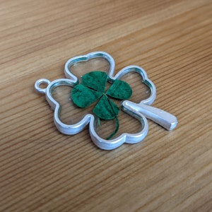 Real Four leaf clover resin necklace pendant in clover shaped bezel in gold or silver finish