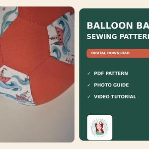 Peut inclure: Un patron de couture pour ballon, téléchargement numérique, montrant un ballon en tissu avec des panneaux orange et blancs imprimés de bateaux rouges et de vagues bleues. Le texte indique BALLOON BALL SEWING PATTERN, DIGITAL DOWNLOAD, PDF PATTERN, PHOTO GUIDE, VIDEO TUTORIAL.
