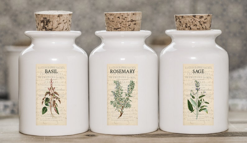Organize your glass Jars Herbs /& Spices Jar Labels Organize Kitchen Botanical Plant Image Stickers 1x2 Vintage Style Labels