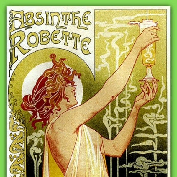 4.5" Mucha Absinthe Robette vinyl sticker. Quality Art Nouveau Green Fairy decal for bar, laptop, tumbler etc.