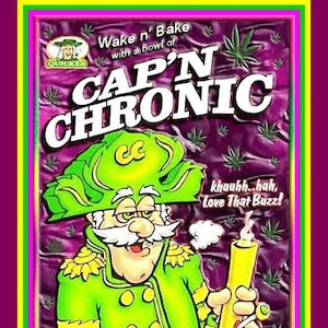 May include: A green cartoon character with a green hat and a mustache is holding a yellow bong. The background is purple with green marijuana leaves. The text on the box reads "Wake n' Bake with a bowl of CAP'N CHRONIC" and "khuuhh..huh. Love That Buzz!"