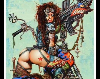 4.75 "Sexy biker pin up chica pegatina de vinilo. Traviesa calcomanía pinup de motocicleta de cuerda G para automóvil, camión, guitarra, caja de herramientas, etc.