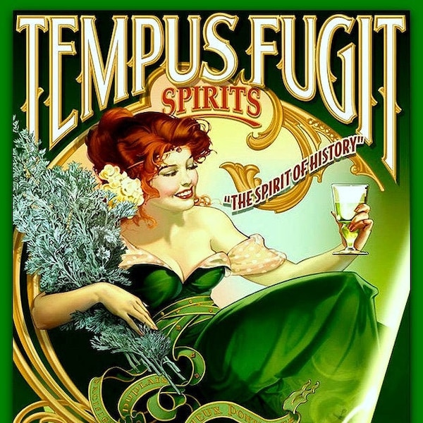 4.5" Tempus Fugit Absinthe vinyl sticker. Classic Art Nouveau Green Fairy decal for bar, laptop, tumbler, etc.