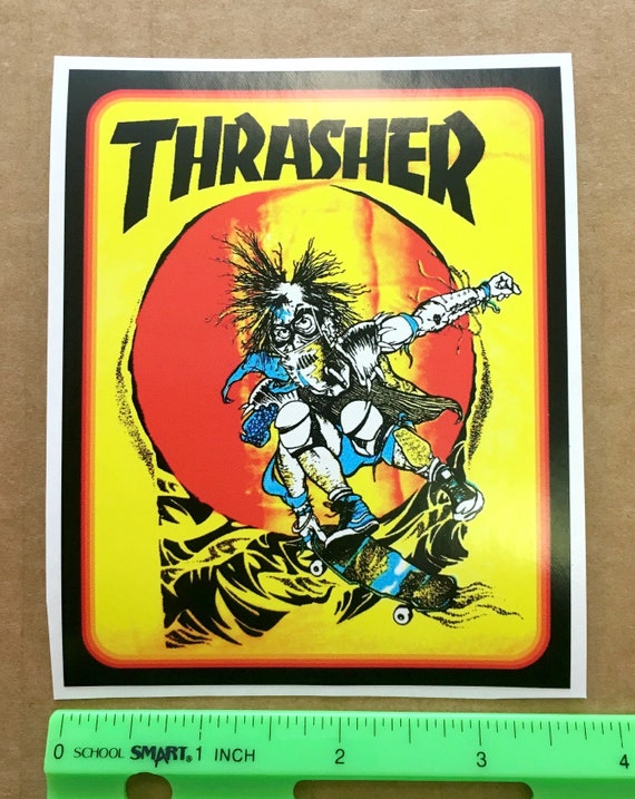 Vintage style skateboard decal for laptop. 4.5" Zombie Thrasher vinyl sticker 