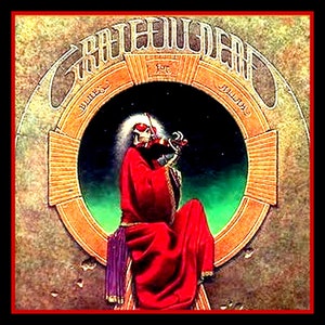 May include: A vintage album cover for the band Grateful Dead. The cover features a skeletal figure in a red robe playing a violin in front of a circular, gold-colored frame with the band's name written in a stylized font. The text "for the dead" is written in a smaller font below the band's name.