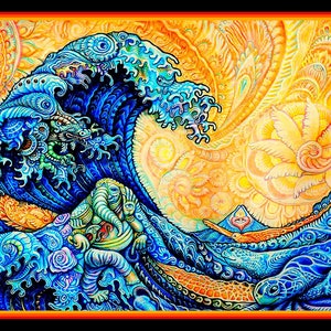 May include: A psychedelic painting of a large blue wave with intricate details, a figure riding the wave, and a yellow sun with a flower-like design in the background.
