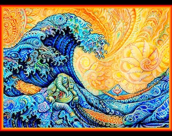 4.5" Pegatina de vinilo psicodélica Hokusai Wave. Weed, Mushroom, LSD, calcomanía DMT para coche, portátil, bong, etc.