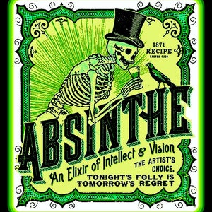 4" Vintage style Absinthe Green Fairy sticker. Skeleton Liquor decal for bar, laptop, guitar, etc.