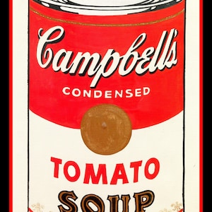 May include: A red and white Campbell's Condensed Tomato Soup can with black lettering and a gold top.