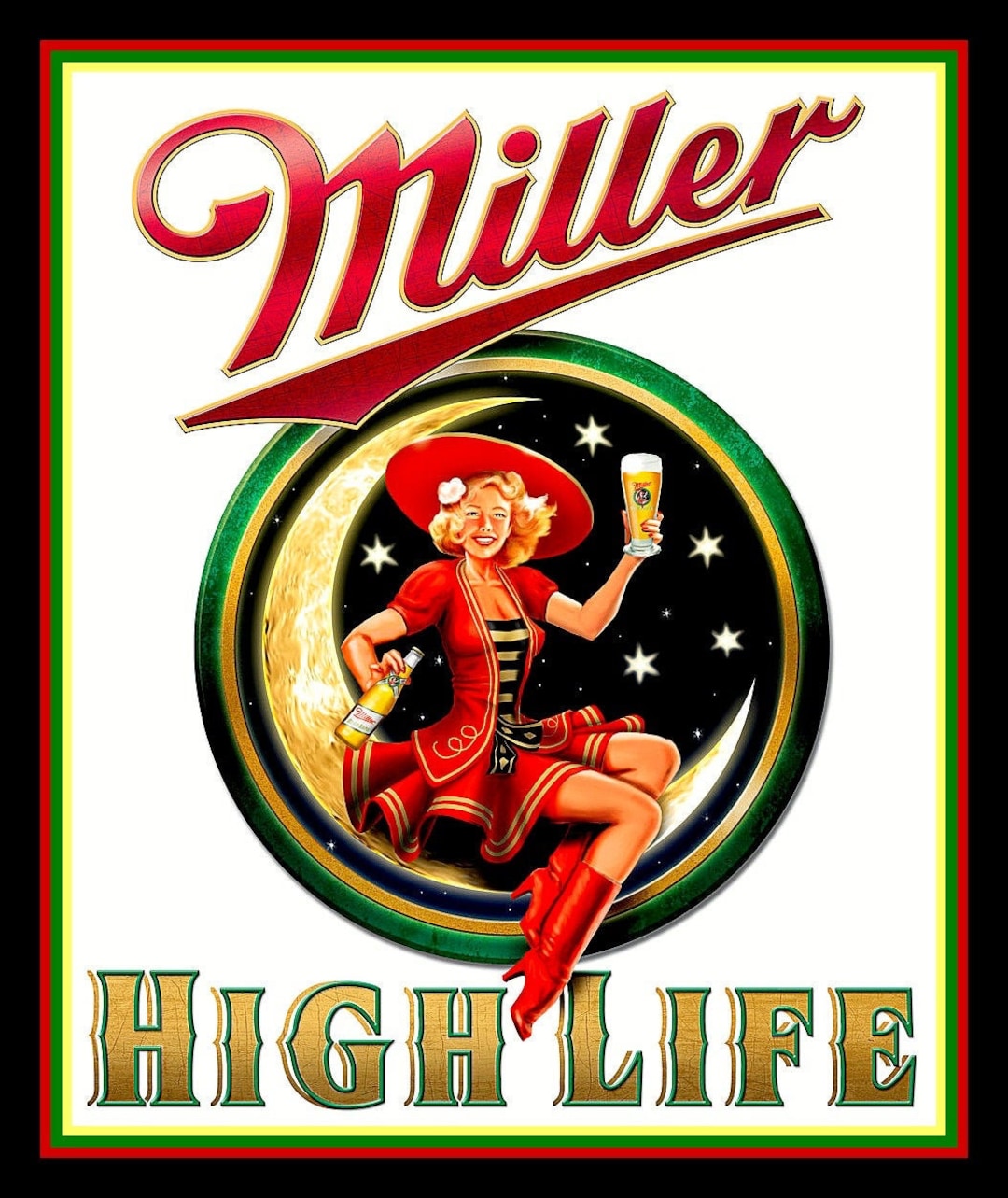 4.25 Miller High Life Girl in the Moon Vinyl Sticker. Champagne of