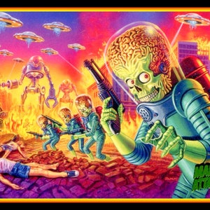 May include: A vintage illustration of a Martian invasion. Green aliens with large heads and ray guns are attacking a city. The city is on fire and there are flying saucers in the sky. The text "Mars Attacks" is in the lower right corner.