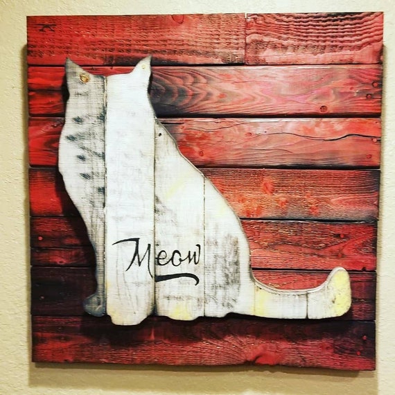 Meow Red Recycled Pallet Art With Calico Cat 24x24 Etsy