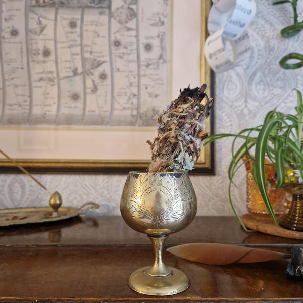 Large Vintage Brass Sage Holder. Chalice. Goblet. Blessing & Purifying Rituals. Cleansing. Brass. Etched design.