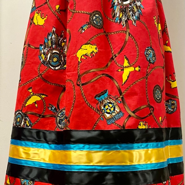 Rare Vintage Cotton Tribal Shield Fabric Red Ribbon Skirt