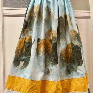 Vintage Cotton Ribbon Skirt “Silent Thunder” Bison Buffalo Herd