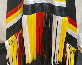 May include: Black fabric with red, yellow, and white ribbon trim. The fabric has a fringe of the same colors.