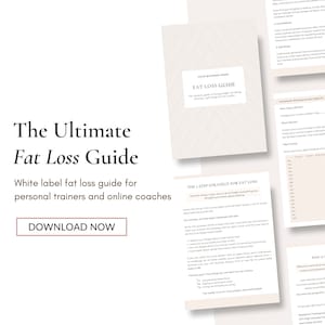 May include: A white label fat loss guide for personal trainers and online coaches. The guide features a 5-step strategy for fat loss, including tips on nutrition, exercise, and mindset. The guide also includes a downloadable worksheet for tracking progress.