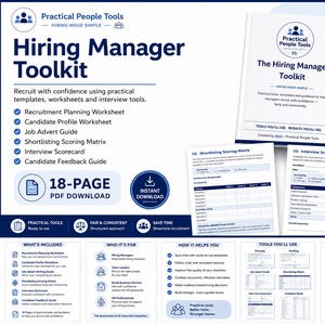Puede incluir: Un kit de herramientas digital de 18 páginas para gerentes de contratación de Practical People Tools. El documento incluye una hoja de planificación de reclutamiento, perfil de candidato, guía de anuncios, matriz de puntuación, entrevista y guía.