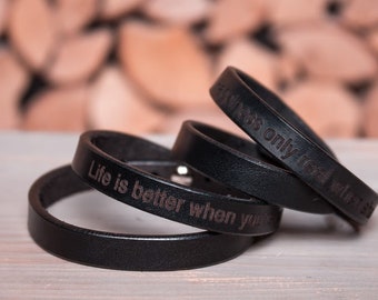 Personal leather bracelet, Gift for him, Personalized leather cuff, Custom bracelet, Mens bracelet, Womens gift, Engraved bracelet - BLACK