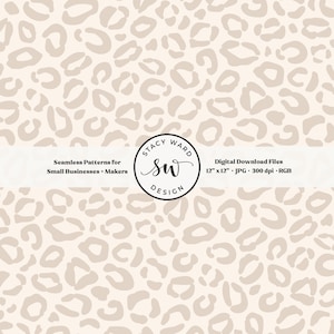 Könnte beinhalten: Ein nahtloses digitales Muster mit einem beigen Leopardenmuster. Das Muster zeigt unregelmäßige, abgerundete Formen in einem helleren Beige auf cremefarbenem Hintergrund. Das Bild enthält auch den Text "Seamless Patterns for Small Businesses + Makers".
