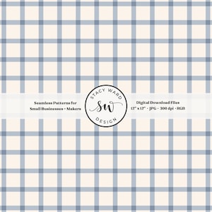 May include: A seamless digital pattern featuring a grid design in light blue and cream. The pattern includes the text "Seamless Patterns for Small Businesses + Makers" and "Digital Download Files 12" x 12" JPG 300 dpi RGB". The design is by Stacy Ward Design.