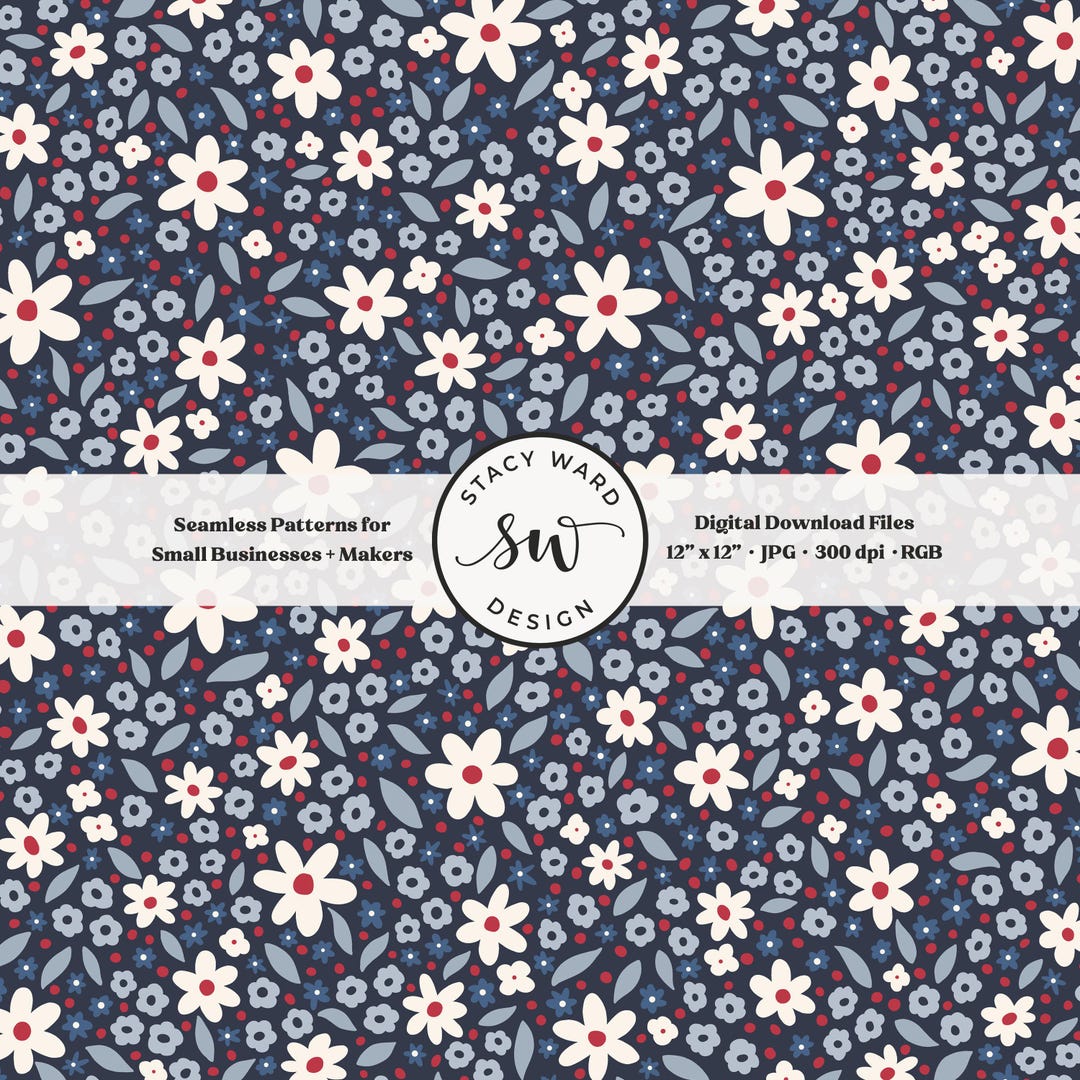 4th of July Ditsy Floral Seamless Pattern, Red White and Blue Retro ...