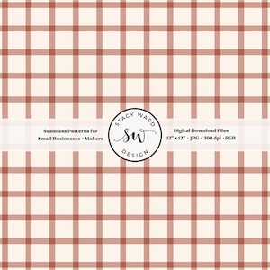 May include: A seamless digital pattern featuring a grid design in a warm color palette of cream and terracotta. The pattern includes the text "Seamless Patterns for Small Businesses + Makers" and "Digital Download Files 12" x 12" JPG 300 dpi RGB". The design is by Stacy Ward Design.