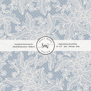 May include: A seamless digital pattern featuring a delicate white lace design on a light blue background. The pattern includes floral and leaf motifs, with the text "Seamless Patterns for Small Businesses + Makers" and "Digital Download Files 12" x 12" JPG 300 dpi RGB".