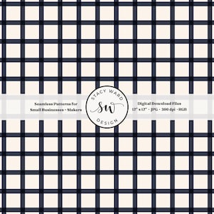Puede incluir: Una descarga digital con un patrón de cuadros sin costuras en azul marino y crema. El diseño incluye una cuadrícula de líneas que se cruzan, con el texto "Seamless Patterns for Small Businesses + Makers" y "Digital Download Files 30.5cm x 30.5cm JPG 300 dpi RGB".