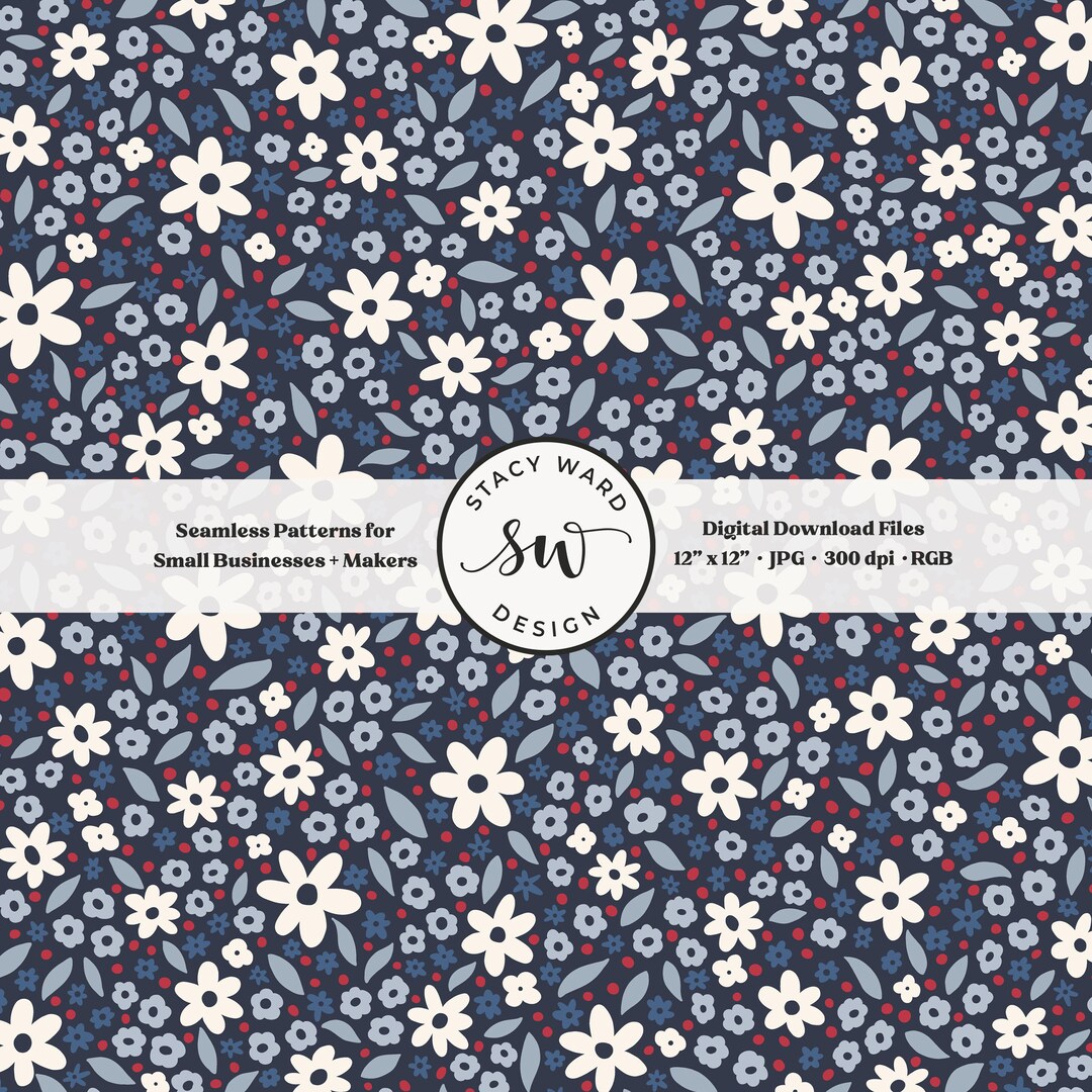 4th of July Ditsy Floral Seamless Pattern, Red White and Blue Retro ...