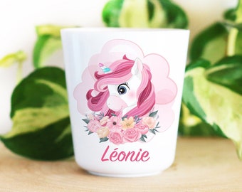 Gobelet plastique enfant personnalisé, Licorne et Fleurs