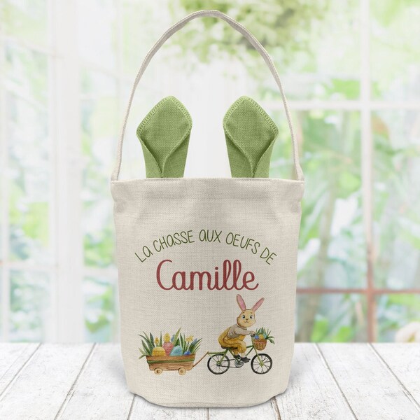 sac de pâques personnalisé, Oreilles de lapin, Modèle Lapin à vélo