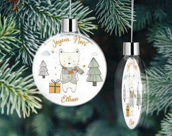Dekoration für personalisierten Baum, Kugel oder Stern, Katze mit Geschenken