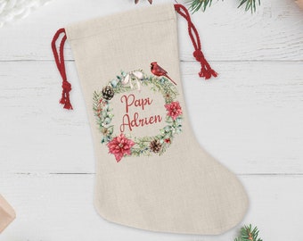 Chaussette de Noël personnalisée, Couronne de Noël et Cardinal