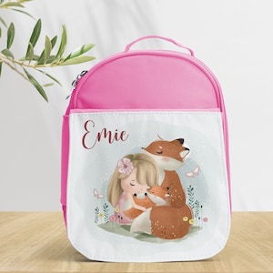 Petit Sac isotherme pour enfant personnalisé, 3 couleurs au choix, Modèle Petite fille aux renards