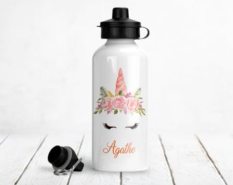 Gourde personnalisée, Bouchon sport, 500ml, Modèle Licorne Aquarelle Rose