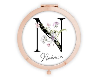 Personalized metal pocket mirror, Spring Initials model + Gift pouch