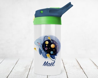 Gourde isotherme enfant personnalisée, Bouchon paille de deux couleurs au choix, 400ml, Modèle Tortue Galaxie