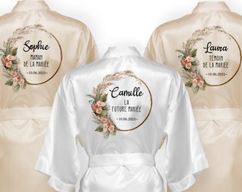 Peignoir en satin personnalisé pour Mariage, EVJF, Couronne de fleurs, Modèle Bohème