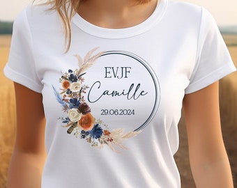 Tee Shirt EVJF personnalisé, Coupe classique Femme, 17 couleurs au choix, Couronne de fleurs, Modèle Bohème Bleu et Terracotta