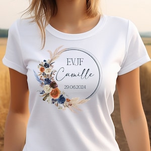 Personalisiertes EVJF-T-Shirt, klassischer Damenschnitt, 17 Farben zur Auswahl, Blumenkrone, Modell Boho Blau und Terrakotta