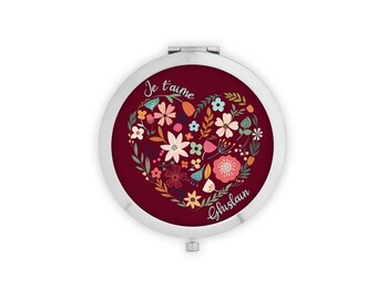 Miroir en métal de poche à personnaliser Coeur en fleurs rouge + Pochon cadeau