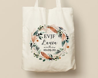 Tote Bag en Coton Personnalisable - Cadeau Unique, Éco-Friendly et Réutilisable, Couronne de fleurs, Modèle Boho vert