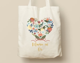 Tote Bag en Coton Personnalisable - Cadeau Unique, Éco-Friendly et Réutilisable, Modèle Coeur en fleurs vintage