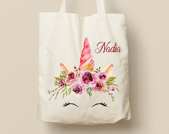 Customizable Cotton Tote Bag - Unique Gift, Eco-Friendly and Reusable, Fuchsia Watercolor Unicorn Model