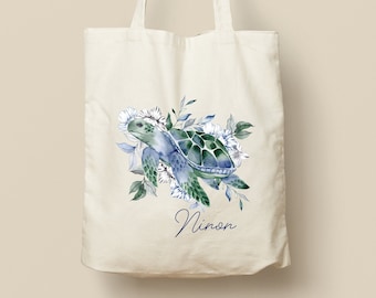 Customizable Cotton Tote Bag - Unique Gift, Eco-Friendly and Reusable, Turtle and Flowers Model